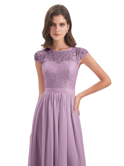 Yamileth A-line Floor Length Cap Sleeves Illusion Neckline Lace/Chiffon Long Bridesmaid Dresses