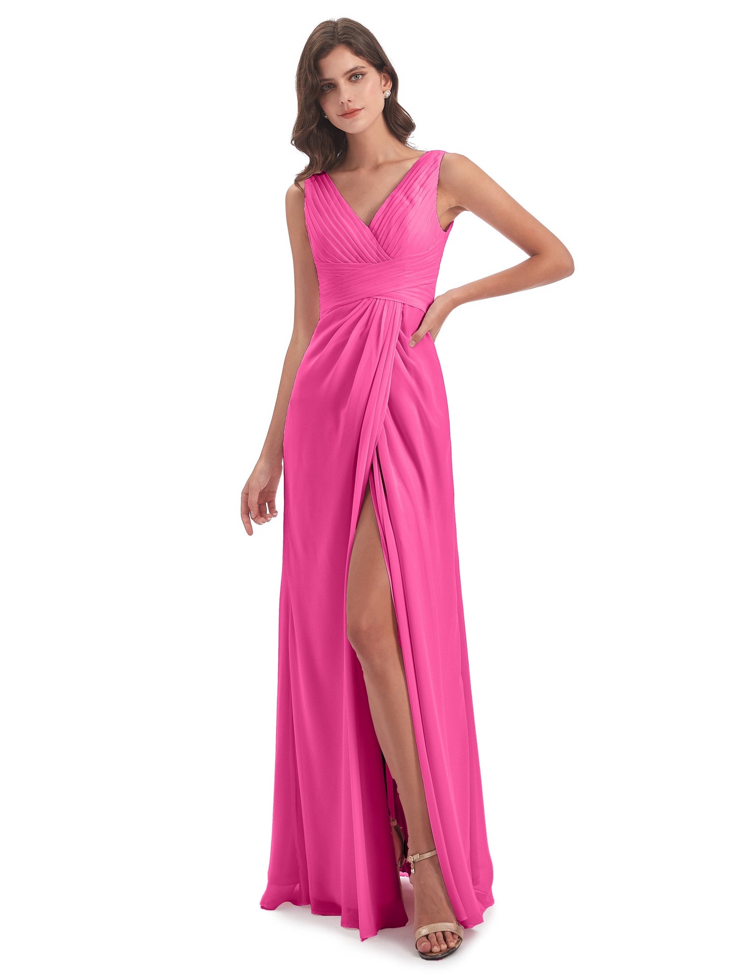 Sheath-Column Floor Length V Neck Chiffon Long Bridesmaid Dresses