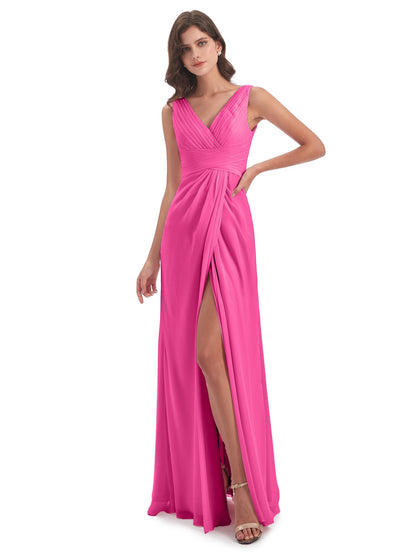 Sheath-Column Floor Length V Neck Chiffon Long Bridesmaid Dresses