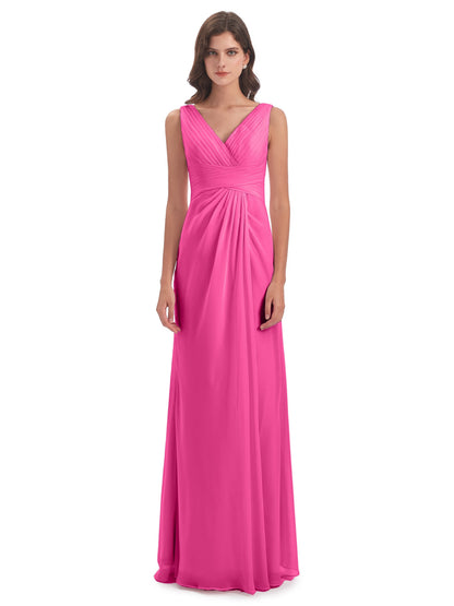 Sheath-Column Floor Length V Neck Chiffon Long Bridesmaid Dresses