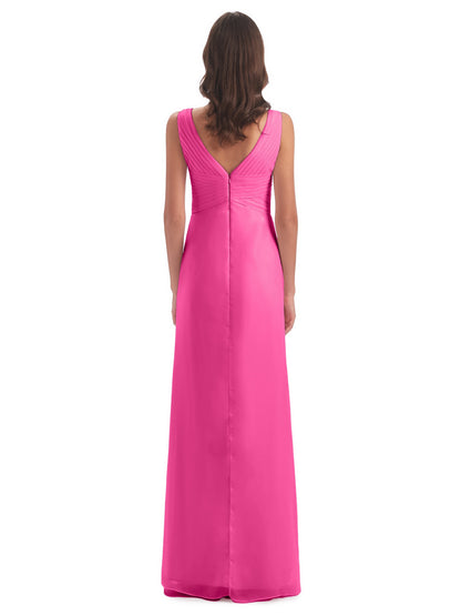 Sheath-Column Floor Length V Neck Chiffon Long Bridesmaid Dresses