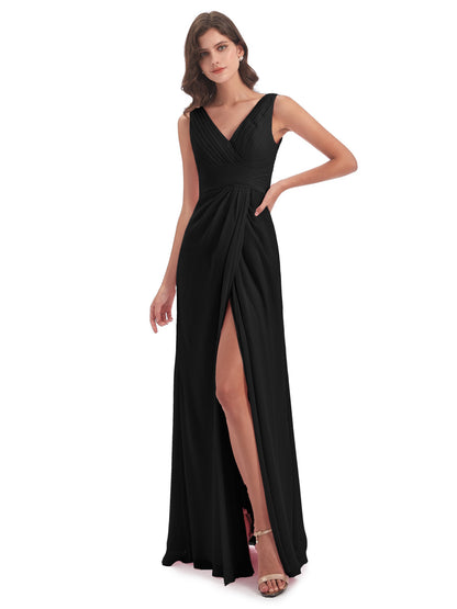 Sheath-Column Floor Length V Neck Chiffon Long Bridesmaid Dresses