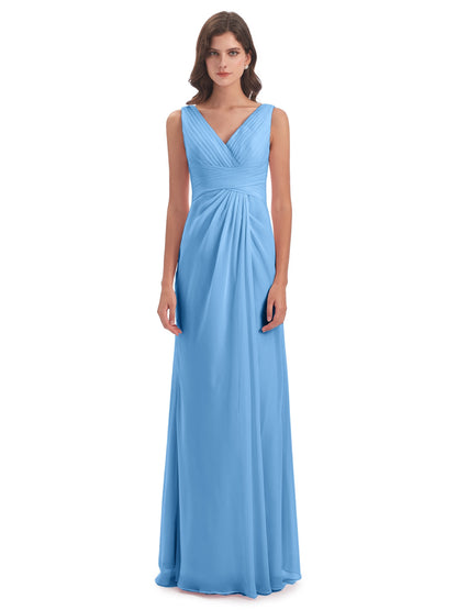 Sheath-Column Floor Length V Neck Chiffon Long Bridesmaid Dresses