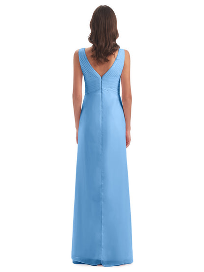 Sheath-Column Floor Length V Neck Chiffon Long Bridesmaid Dresses
