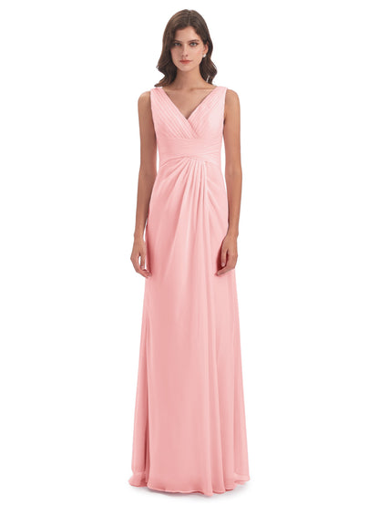 Sheath-Column Floor Length V Neck Chiffon Long Bridesmaid Dresses