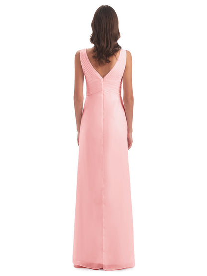 Sheath-Column Floor Length V Neck Chiffon Long Bridesmaid Dresses