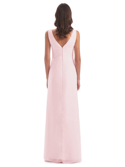 Sheath-Column Floor Length V Neck Chiffon Long Bridesmaid Dresses