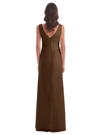 Sheath-Column Floor Length V Neck Chiffon Long Bridesmaid Dresses