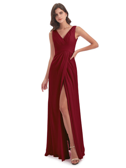 Sheath-Column Floor Length V Neck Chiffon Long Bridesmaid Dresses