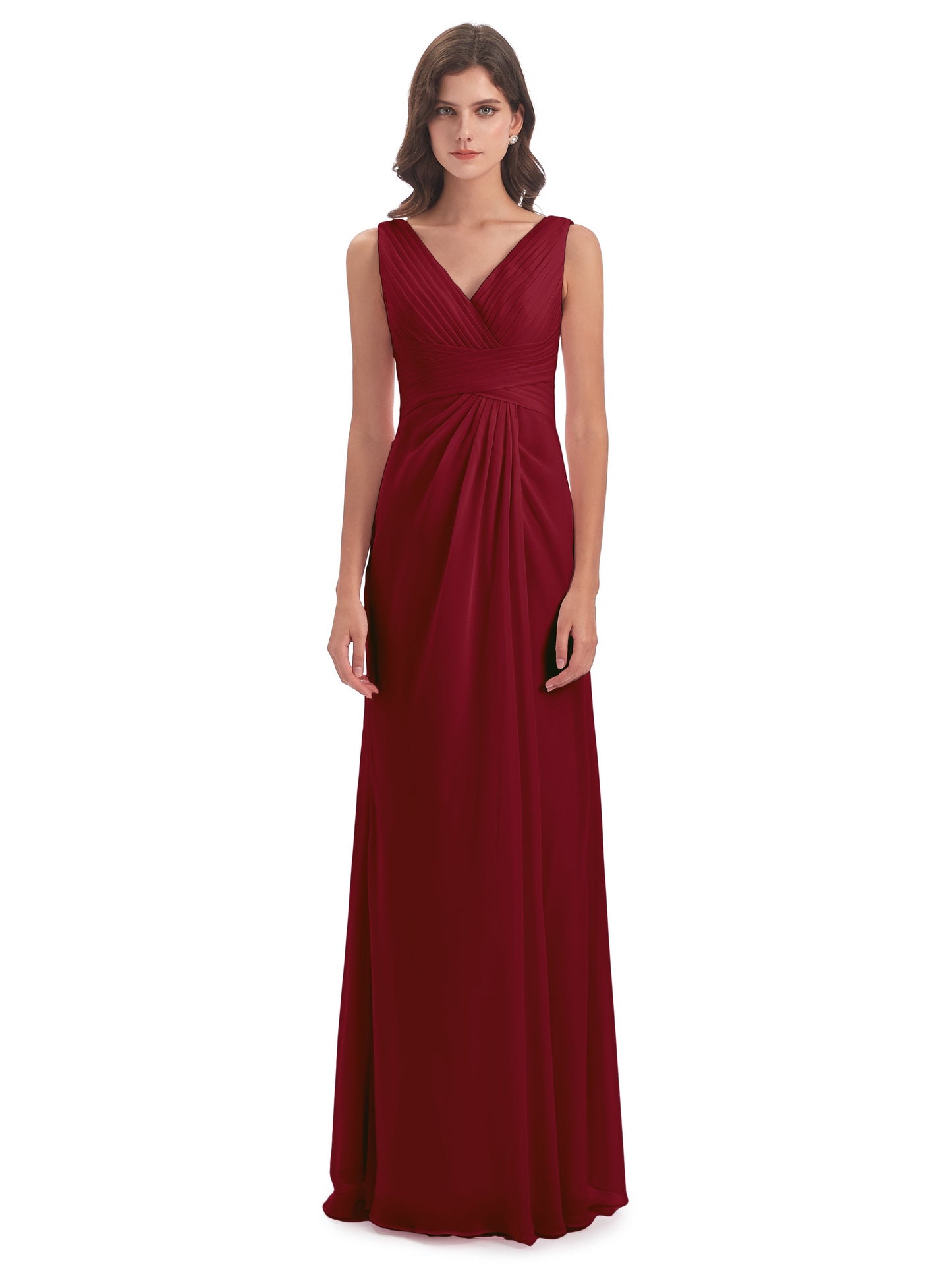 Sheath-Column Floor Length V Neck Chiffon Long Bridesmaid Dresses
