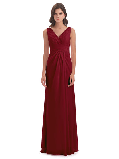 Sheath-Column Floor Length V Neck Chiffon Long Bridesmaid Dresses