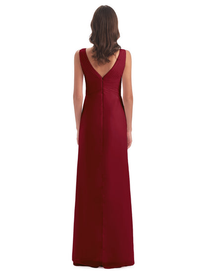 Sheath-Column Floor Length V Neck Chiffon Long Bridesmaid Dresses