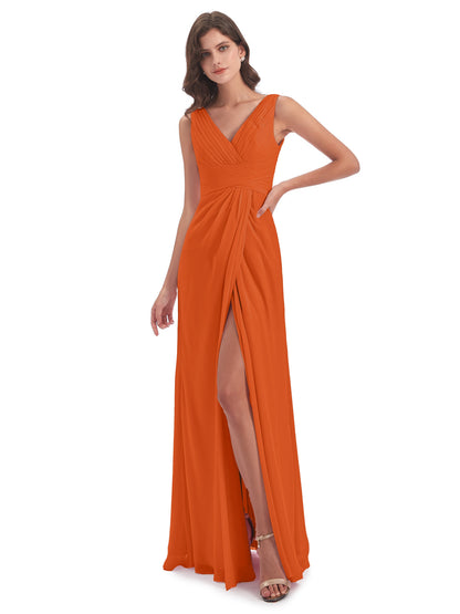 Sheath-Column Floor Length V Neck Chiffon Long Bridesmaid Dresses