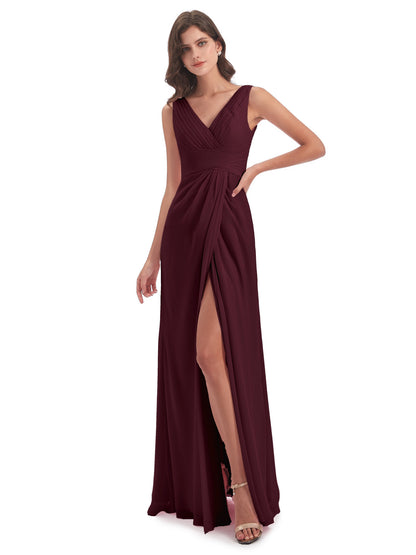Sheath-Column Floor Length V Neck Chiffon Long Bridesmaid Dresses