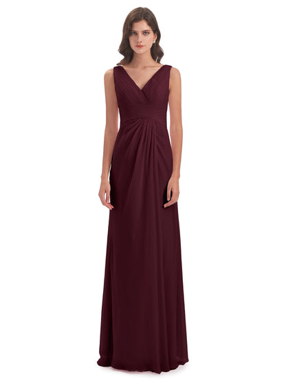 Sheath-Column Floor Length V Neck Chiffon Long Bridesmaid Dresses