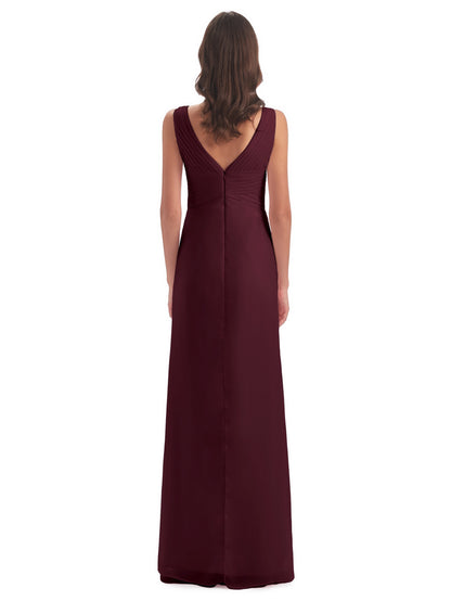 Sheath-Column Floor Length V Neck Chiffon Long Bridesmaid Dresses