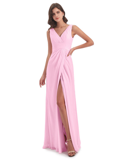 Sheath-Column Floor Length V Neck Chiffon Long Bridesmaid Dresses