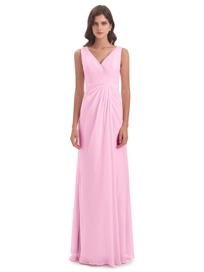 Sheath-Column Floor Length V Neck Chiffon Long Bridesmaid Dresses