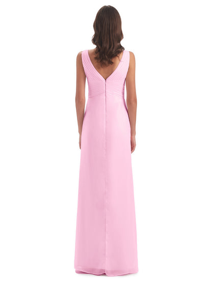 Sheath-Column Floor Length V Neck Chiffon Long Bridesmaid Dresses