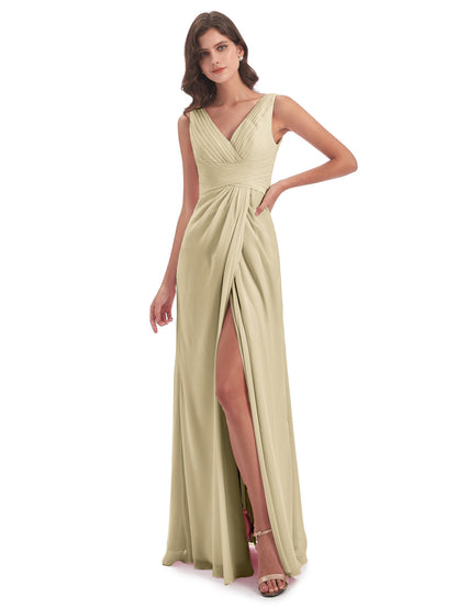 Sheath-Column Floor Length V Neck Chiffon Long Bridesmaid Dresses