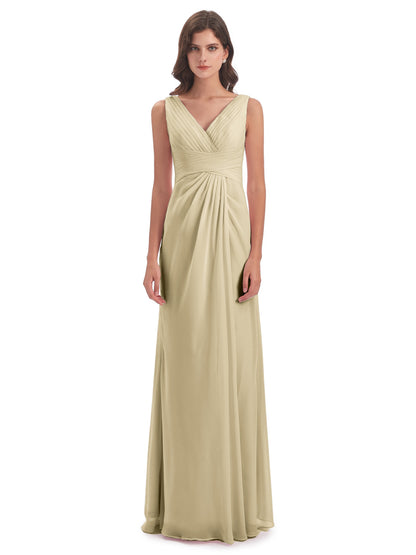 Sheath-Column Floor Length V Neck Chiffon Long Bridesmaid Dresses