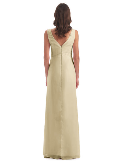 Sheath-Column Floor Length V Neck Chiffon Long Bridesmaid Dresses