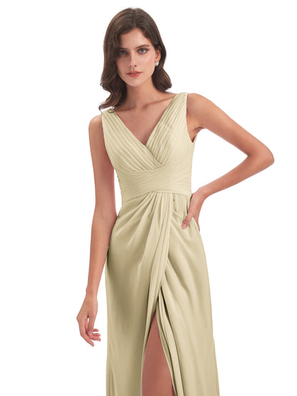 Sheath-Column Floor Length V Neck Chiffon Long Bridesmaid Dresses
