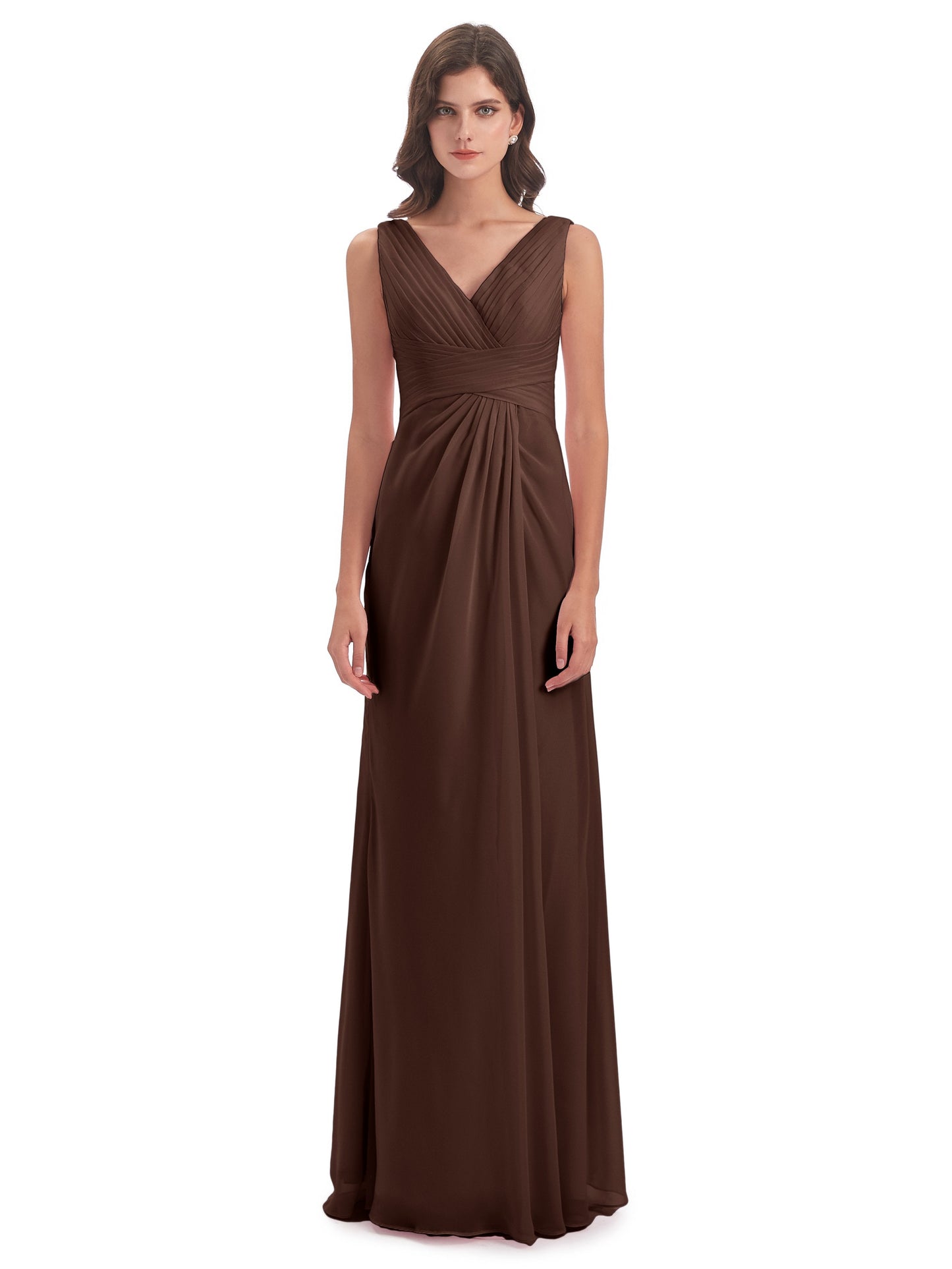 Sheath-Column Floor Length V Neck Chiffon Long Bridesmaid Dresses
