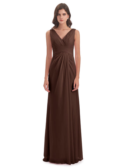 Sheath-Column Floor Length V Neck Chiffon Long Bridesmaid Dresses