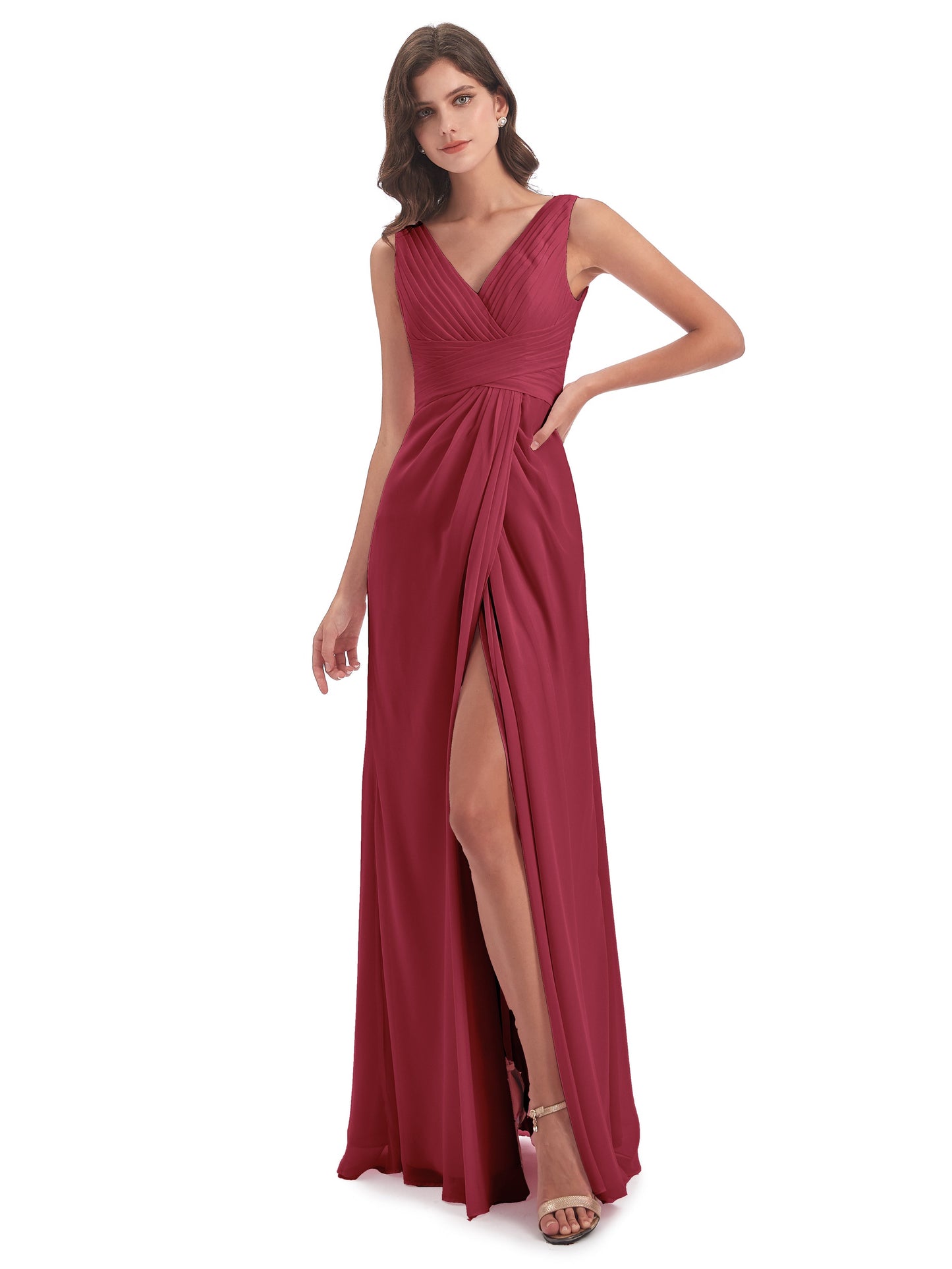 Sheath-Column Floor Length V Neck Chiffon Long Bridesmaid Dresses