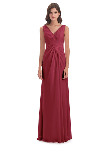 Sheath-Column Floor Length V Neck Chiffon Long Bridesmaid Dresses