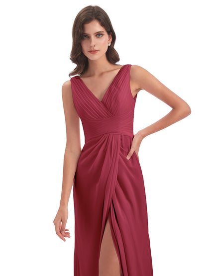 Sheath-Column Floor Length V Neck Chiffon Long Bridesmaid Dresses
