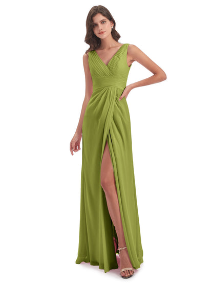 Sheath-Column Floor Length V Neck Chiffon Long Bridesmaid Dresses