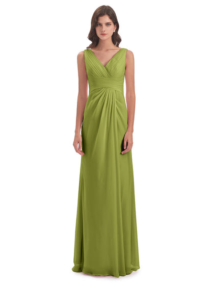 Sheath-Column Floor Length V Neck Chiffon Long Bridesmaid Dresses