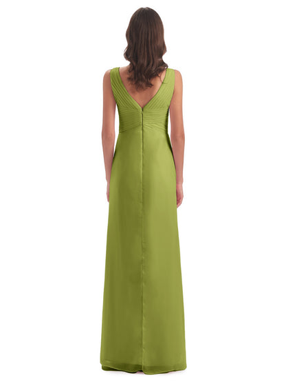 Sheath-Column Floor Length V Neck Chiffon Long Bridesmaid Dresses