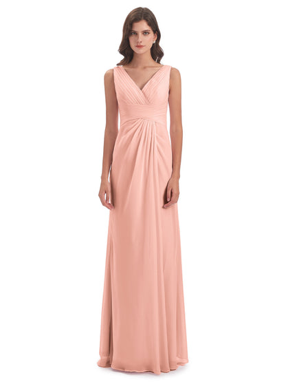 Sheath-Column Floor Length V Neck Chiffon Long Bridesmaid Dresses
