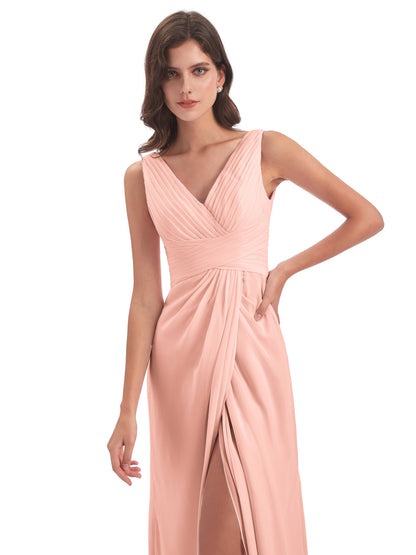 Sheath-Column Floor Length V Neck Chiffon Long Bridesmaid Dresses