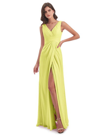 Sheath-Column Floor Length V Neck Chiffon Long Bridesmaid Dresses