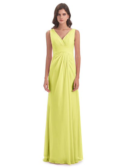 Sheath-Column Floor Length V Neck Chiffon Long Bridesmaid Dresses