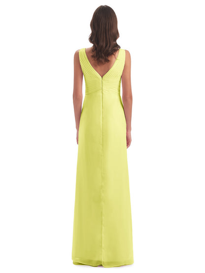 Sheath-Column Floor Length V Neck Chiffon Long Bridesmaid Dresses