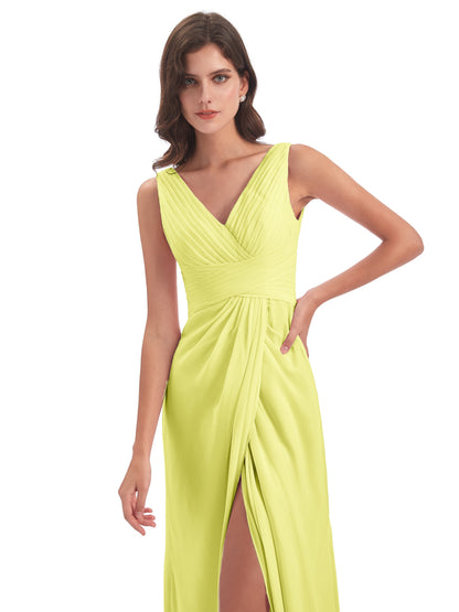 Sheath-Column Floor Length V Neck Chiffon Long Bridesmaid Dresses