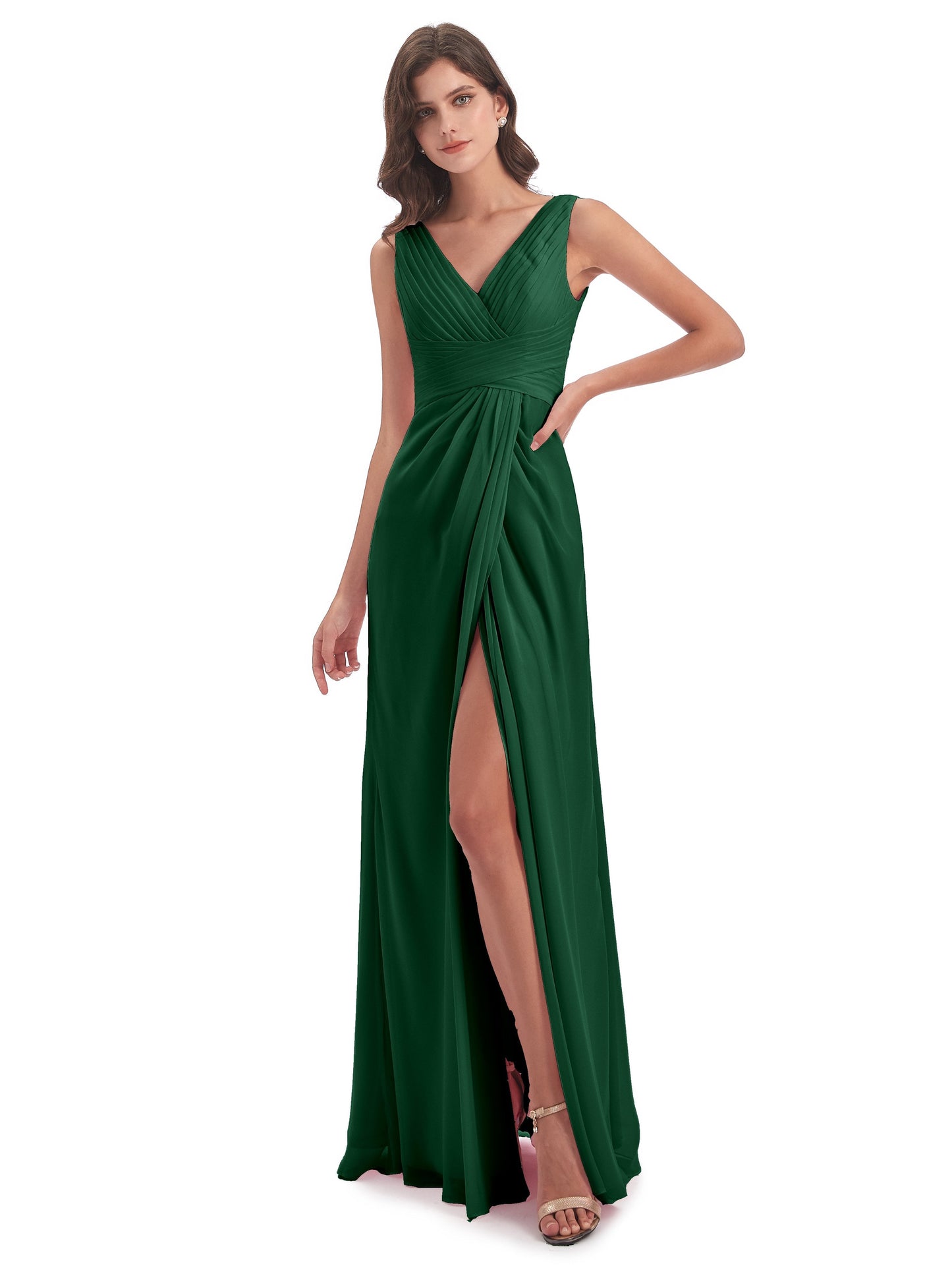 Sheath-Column Floor Length V Neck Chiffon Long Bridesmaid Dresses
