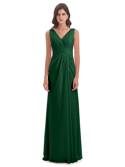 Sheath-Column Floor Length V Neck Chiffon Long Bridesmaid Dresses