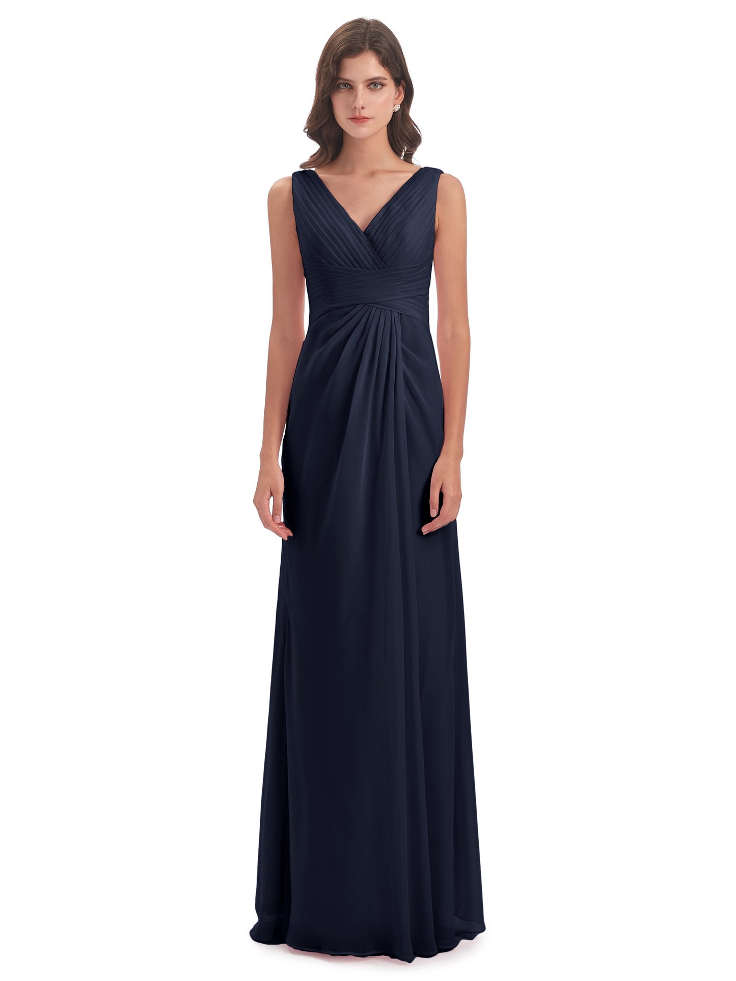 Sheath-Column Floor Length V Neck Chiffon Long Bridesmaid Dresses