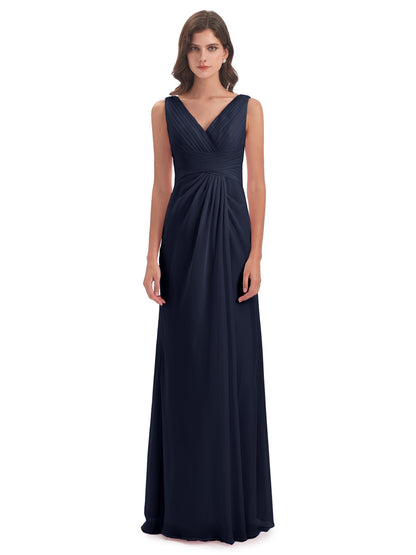 Sheath-Column Floor Length V Neck Chiffon Long Bridesmaid Dresses