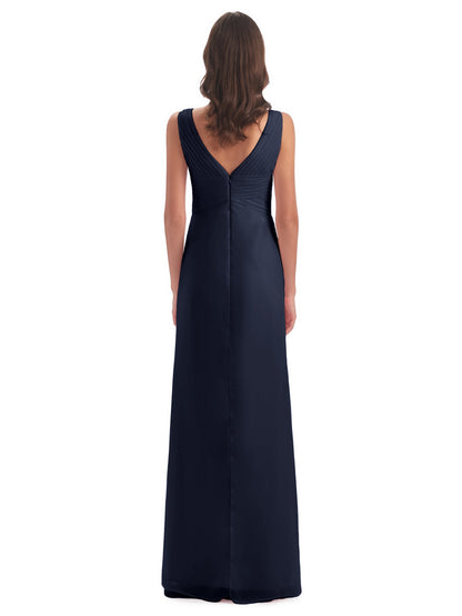 Sheath-Column Floor Length V Neck Chiffon Long Bridesmaid Dresses