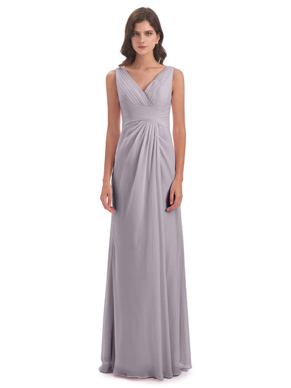 Sheath-Column Floor Length V Neck Chiffon Long Bridesmaid Dresses