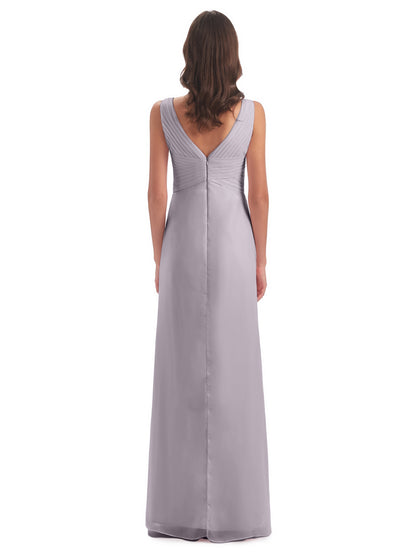 Sheath-Column Floor Length V Neck Chiffon Long Bridesmaid Dresses