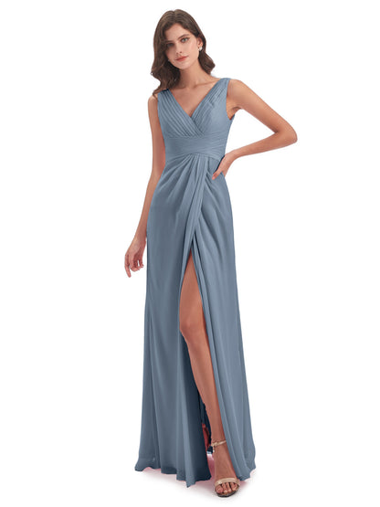 Sheath-Column Floor Length V Neck Chiffon Long Bridesmaid Dresses