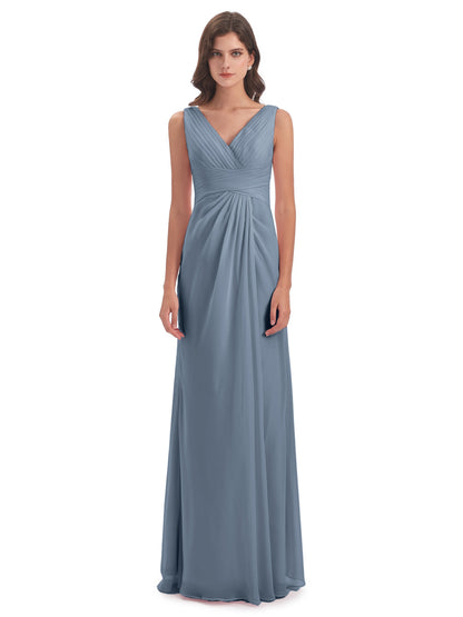 Sheath-Column Floor Length V Neck Chiffon Long Bridesmaid Dresses
